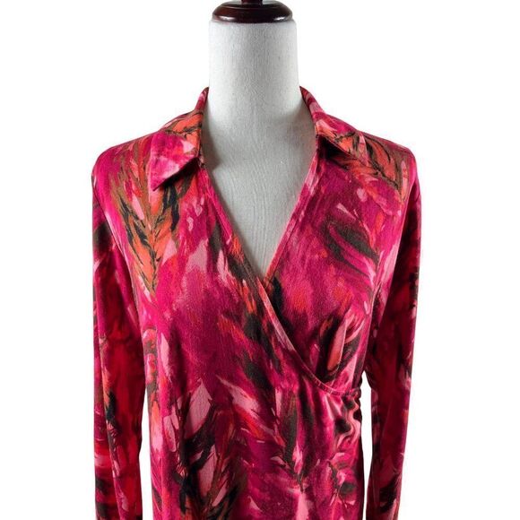 J. Jill Wearever Collection Collared Faux Wrap Feather Print Dress Petite Medium - Picture 2 of 9
